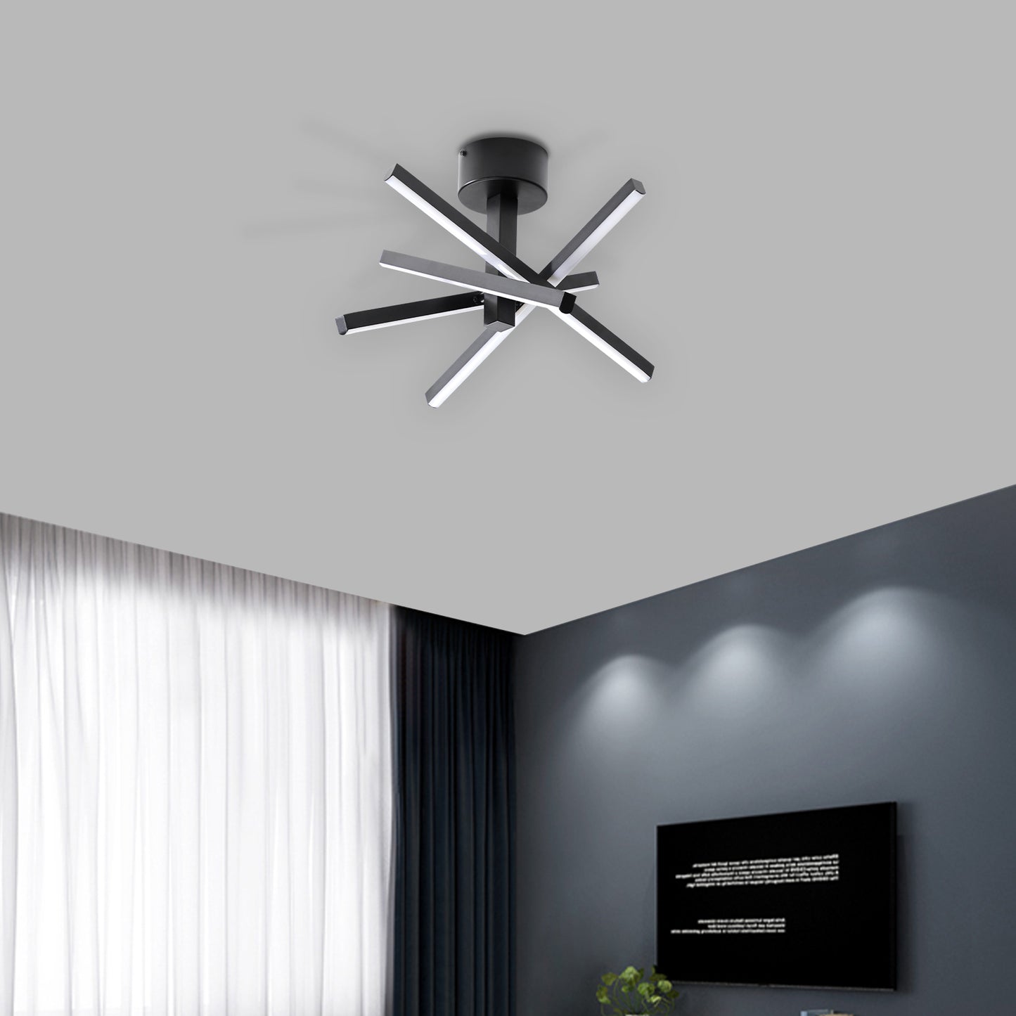 12 Inch LED Ceiling Light - Geometric Starburst Design, Black Finish