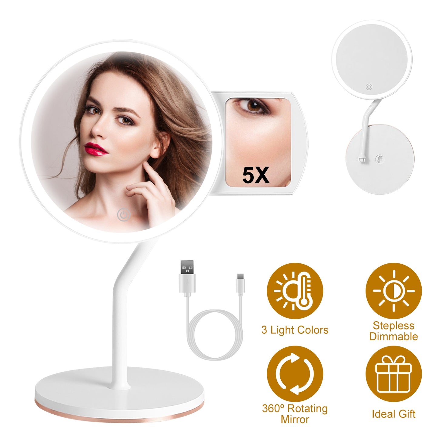 5X Magnifying LED Makeup Mirror, Rechargeable Vanity Mirror with 3 Light Colors