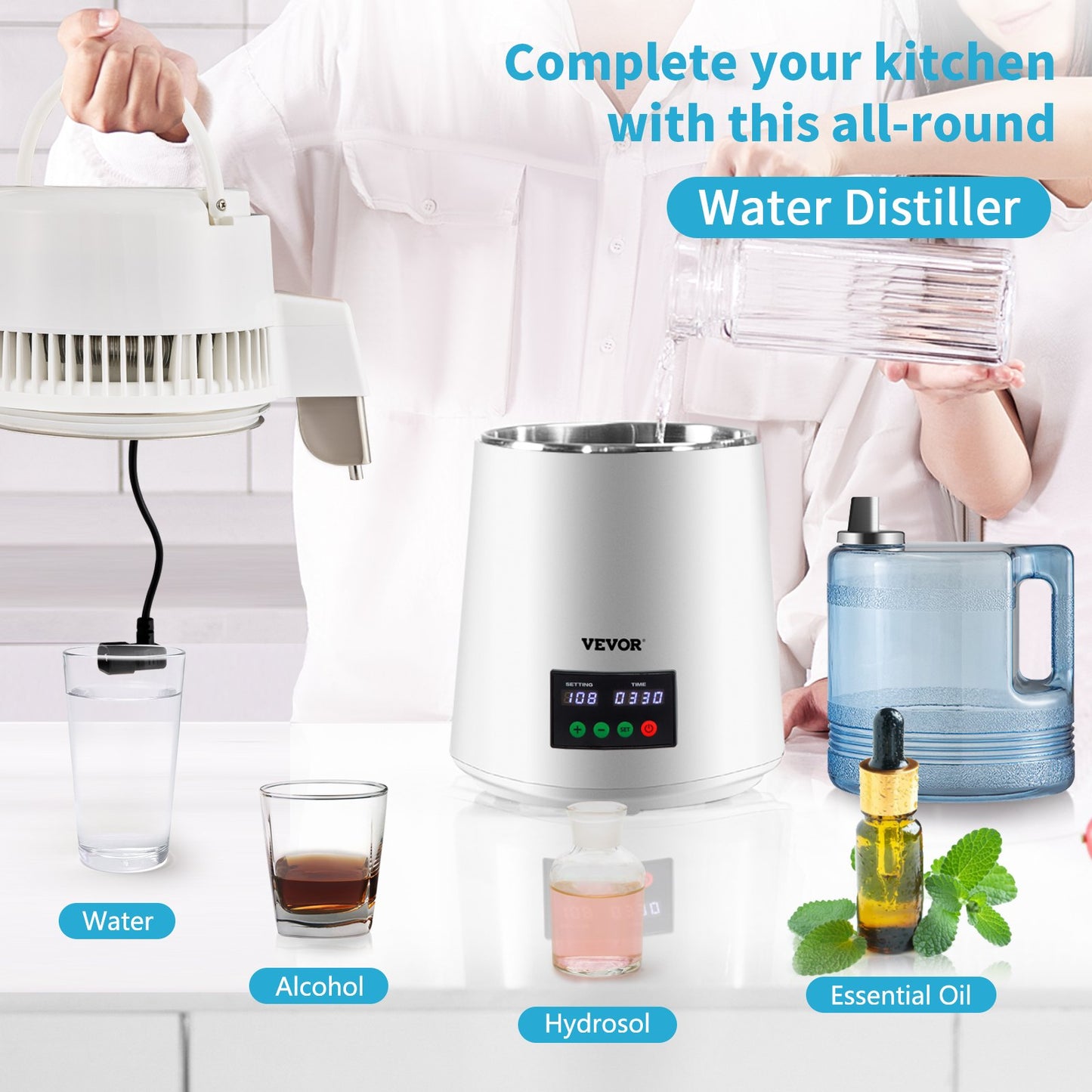 Water Distiller 1.1 Gal/Hour Countertop Machine with Temp Display - White