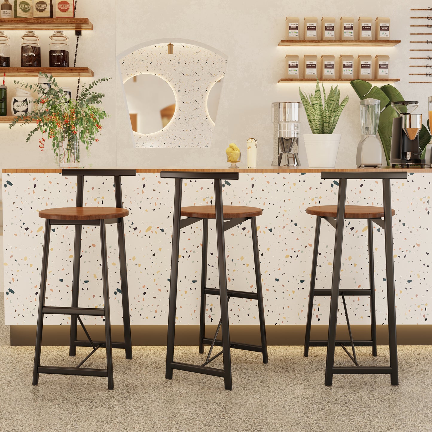 Bar Stool Set of 3 - Counter Height Armless Dining Chairs - Walnut Brown