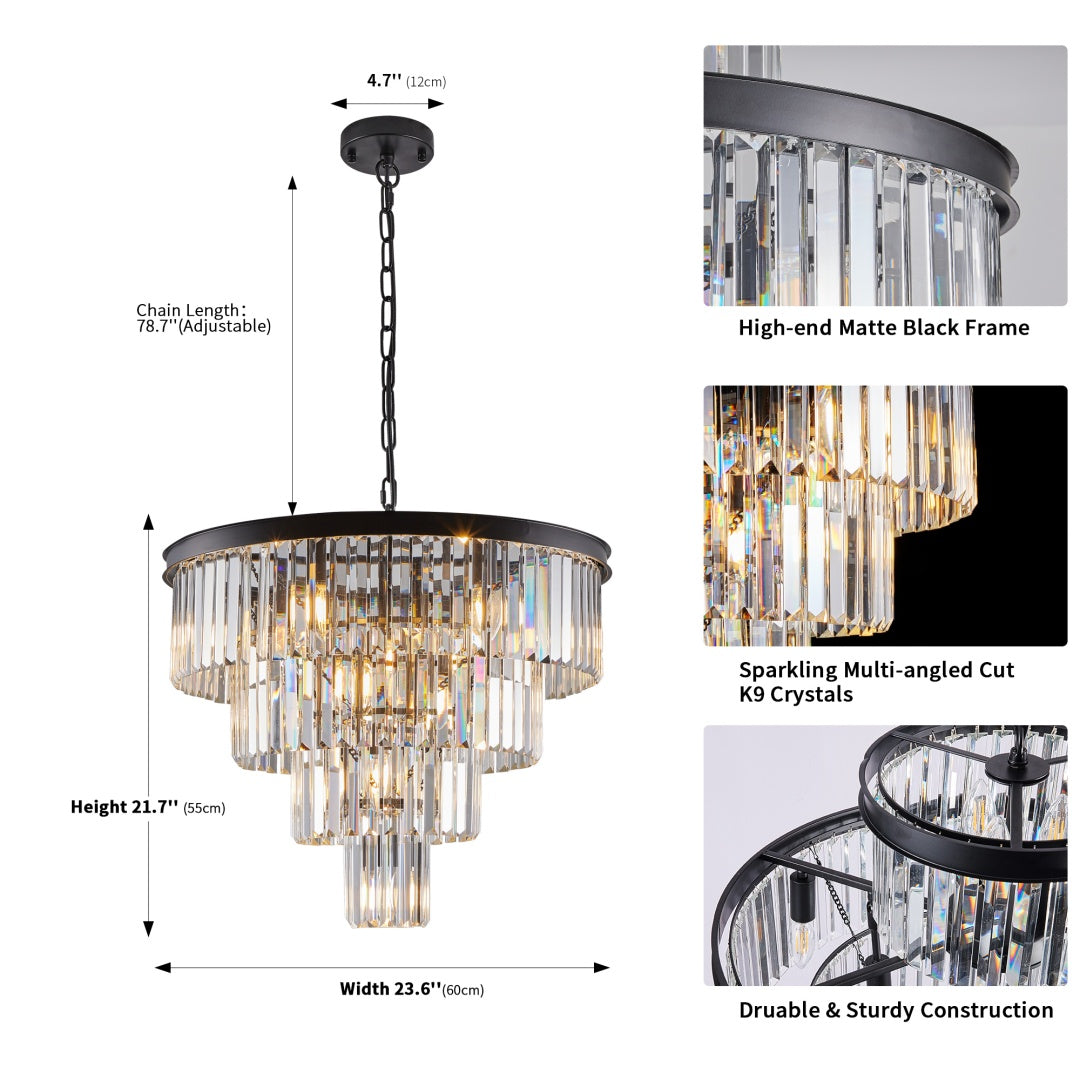 Elegant Black Crystal Chandelier - 4 Tier Modern Lighting Fixture