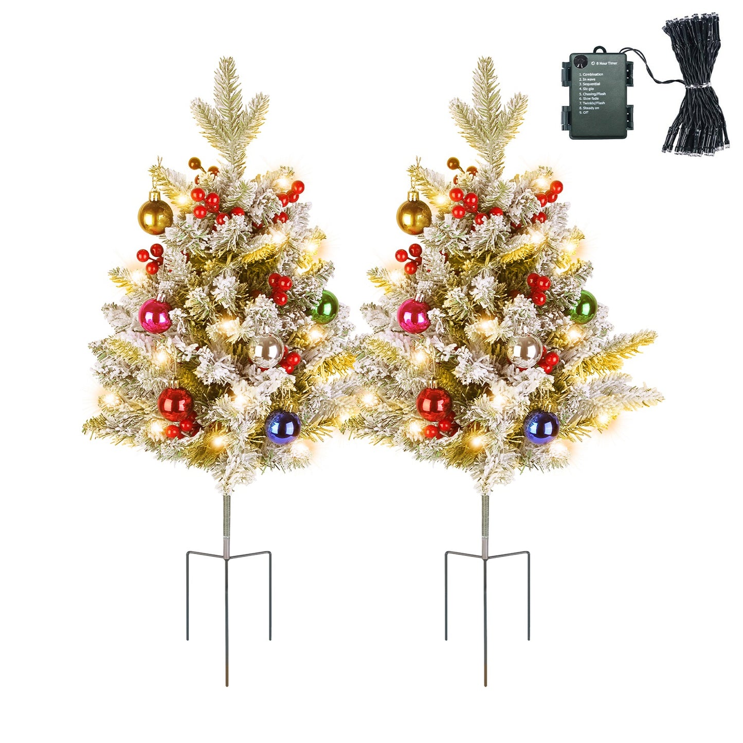 Solar Powered Lighted Christmas Tree Urn Filler with Berries & Decor Balls