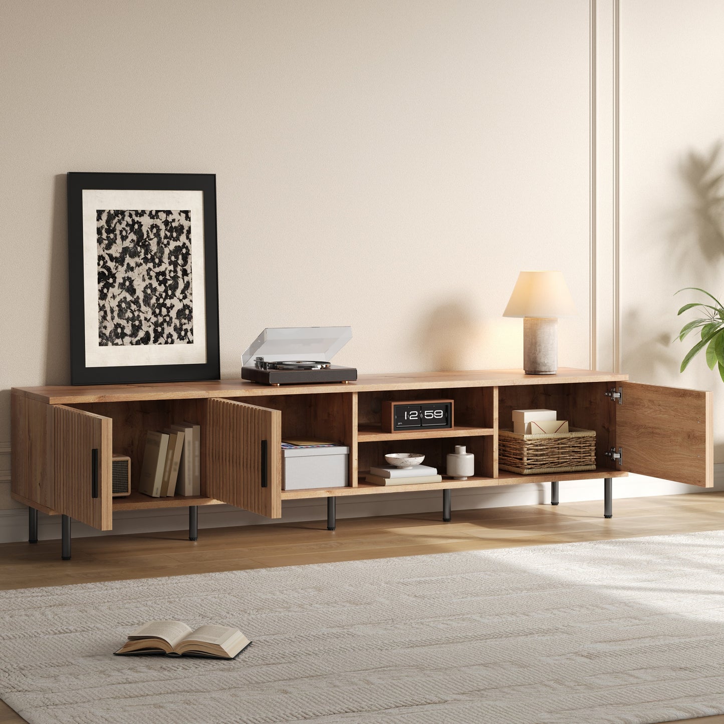 78-Inch Modern TV Stand for TVs Up to 85" - Natural Wood Finish