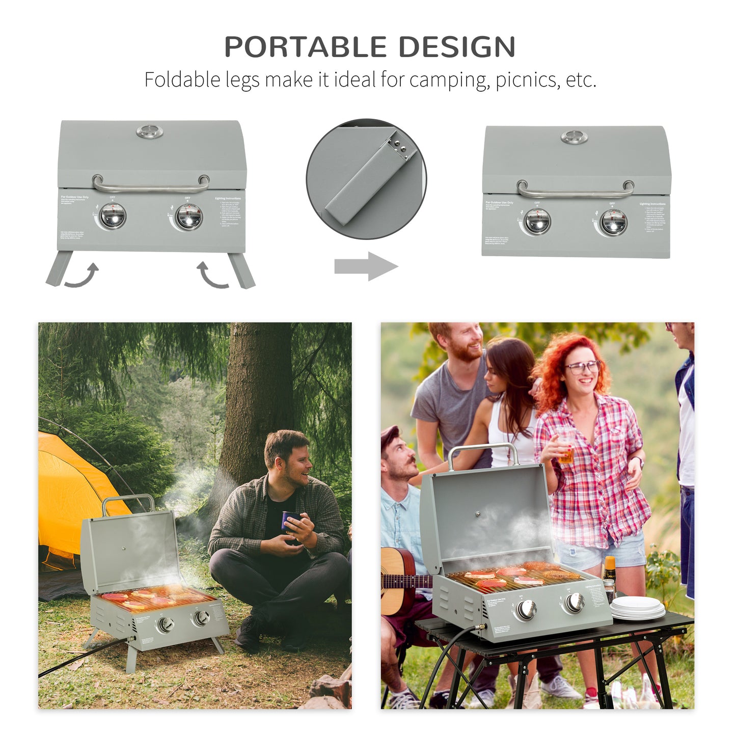 2-Burner Folding Gas BBQ Grill with Lid and Thermometer - Light Grey