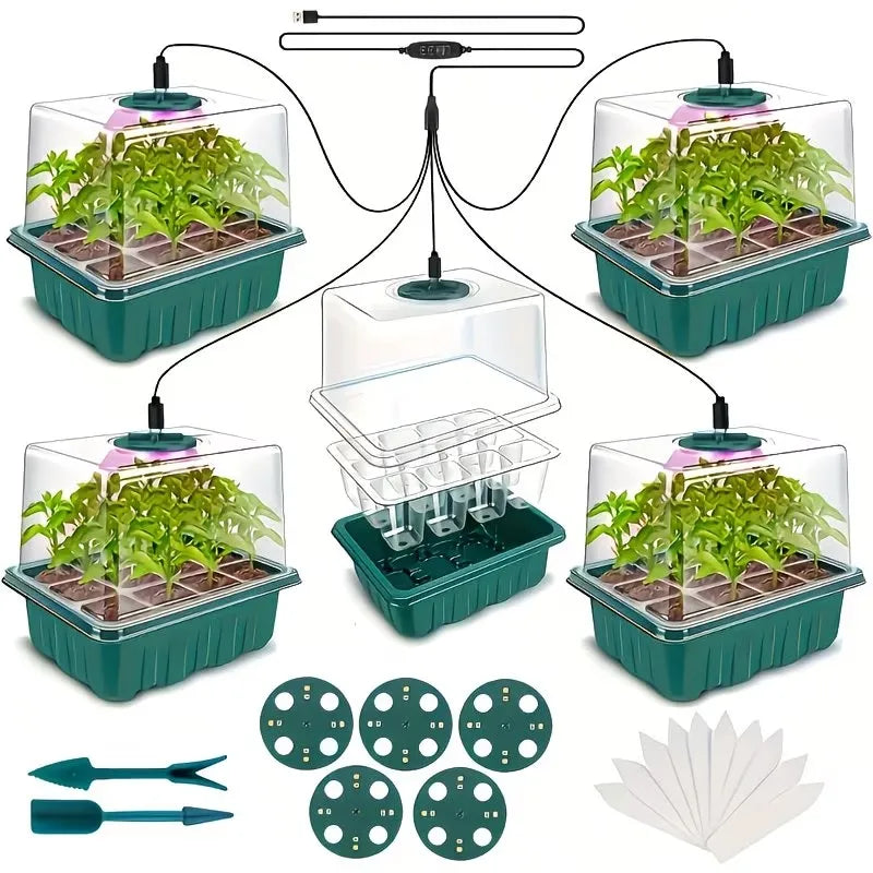 5-Pack Seed Starter Kit with LED Grow Lights - Indoor Mini Greenhouse