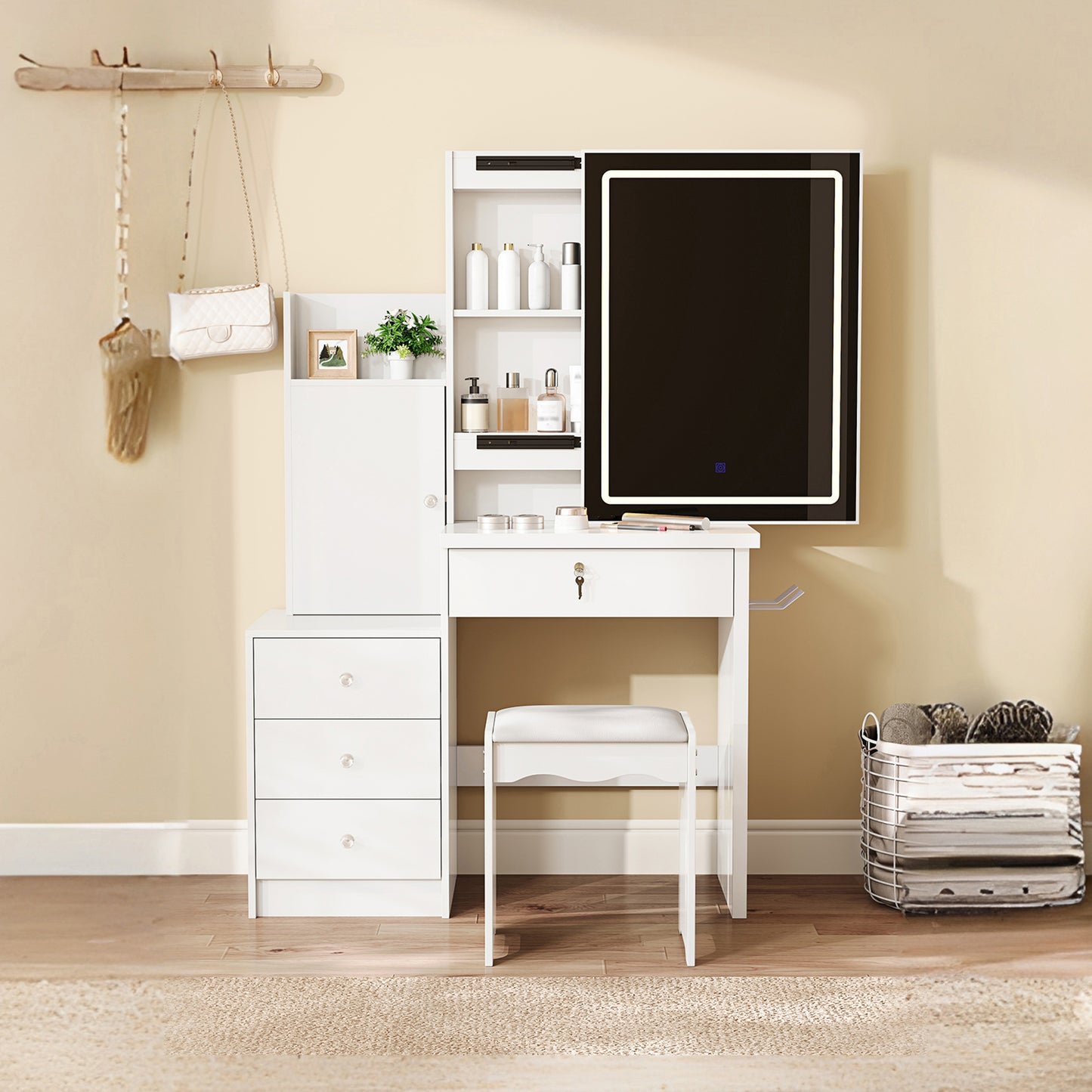 Lighted Makeup Vanity Desk Set with 4 Drawers & Stool - White