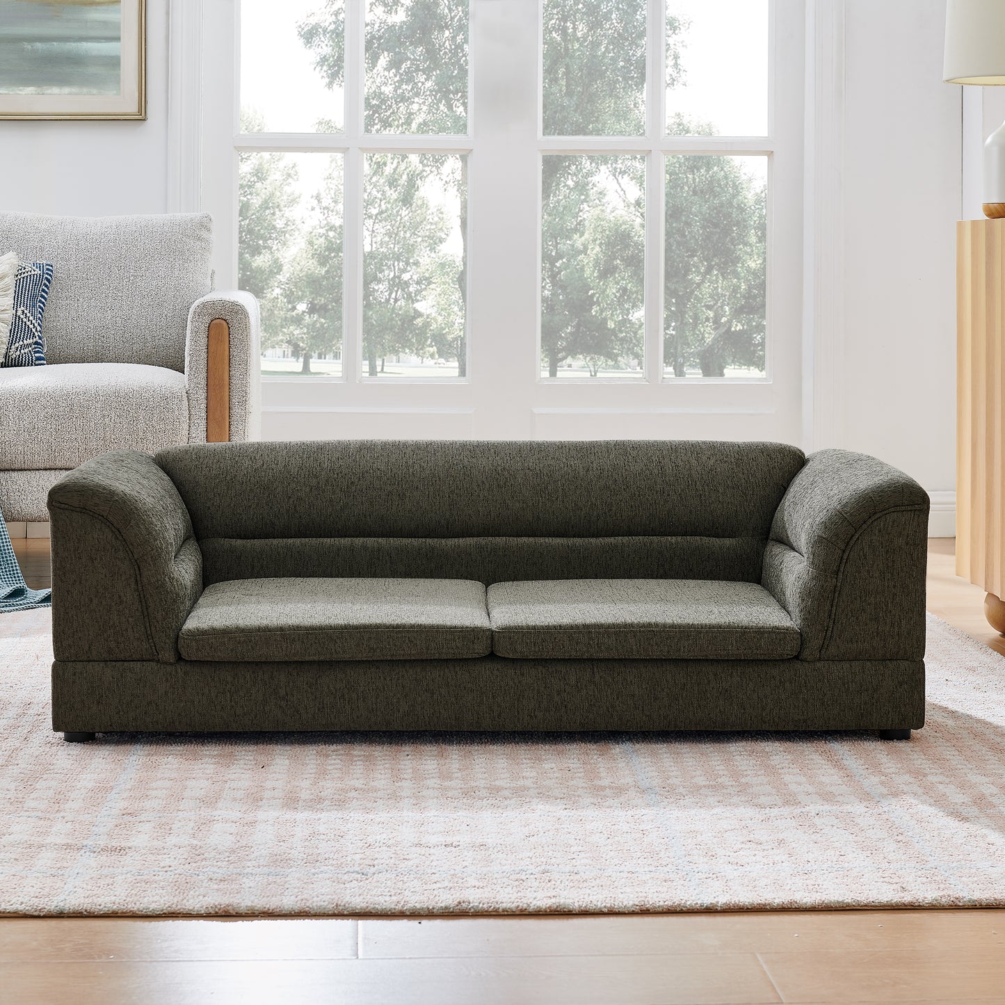 Oversized Dog Sofa Bed with Linen Fabric & Curved Armrest - Dark Gray