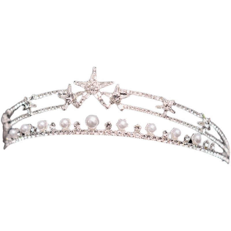 Pearl Rhinestone Crown Headband - Silver