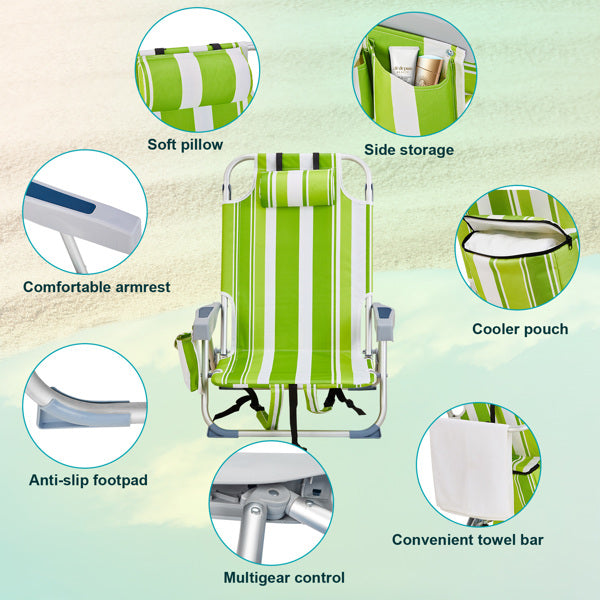 Lightweight Folding Beach Chair - Green Stripes, Adjustable Back