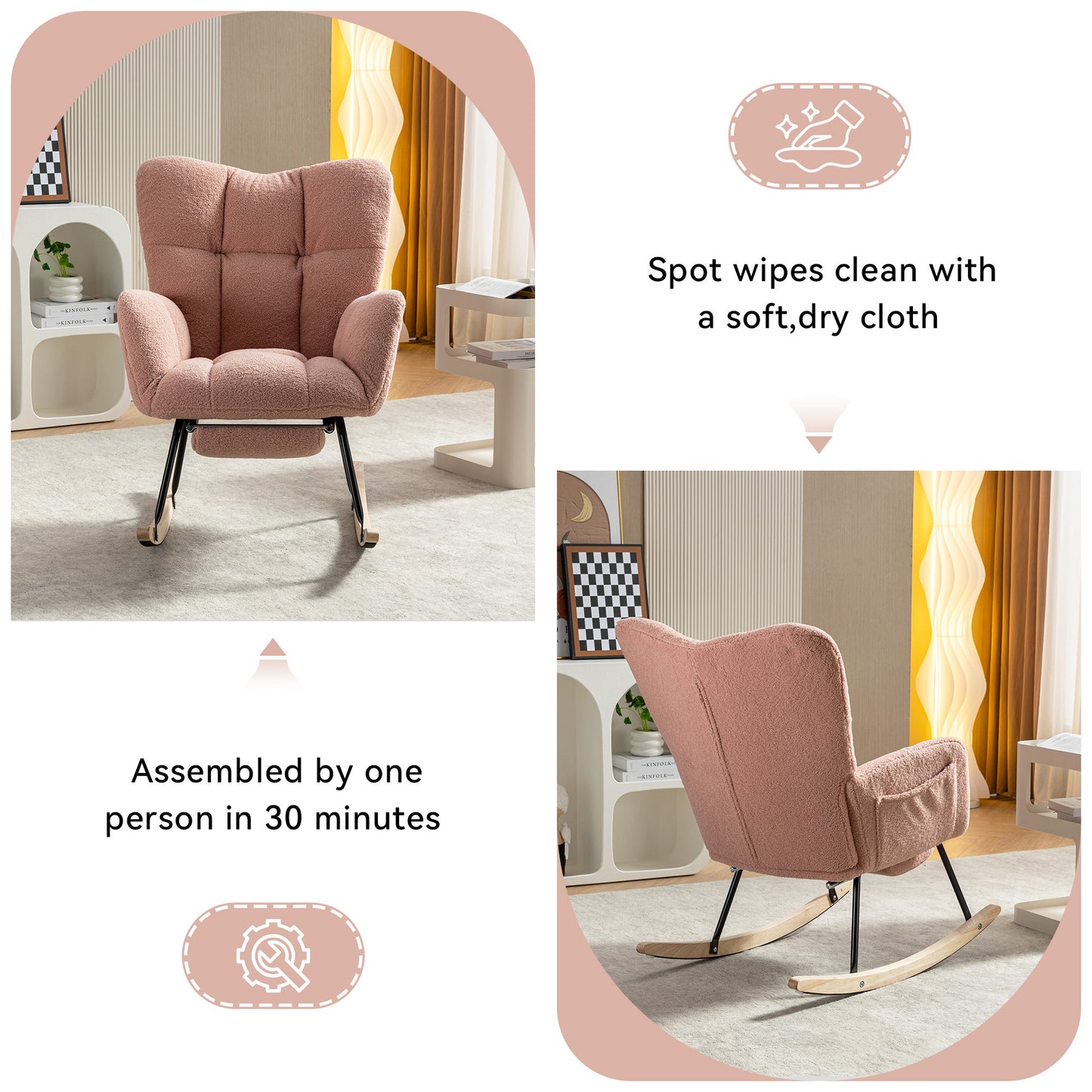 Pink Teddy Fabric Rocking Chair with Adjustable Footstool