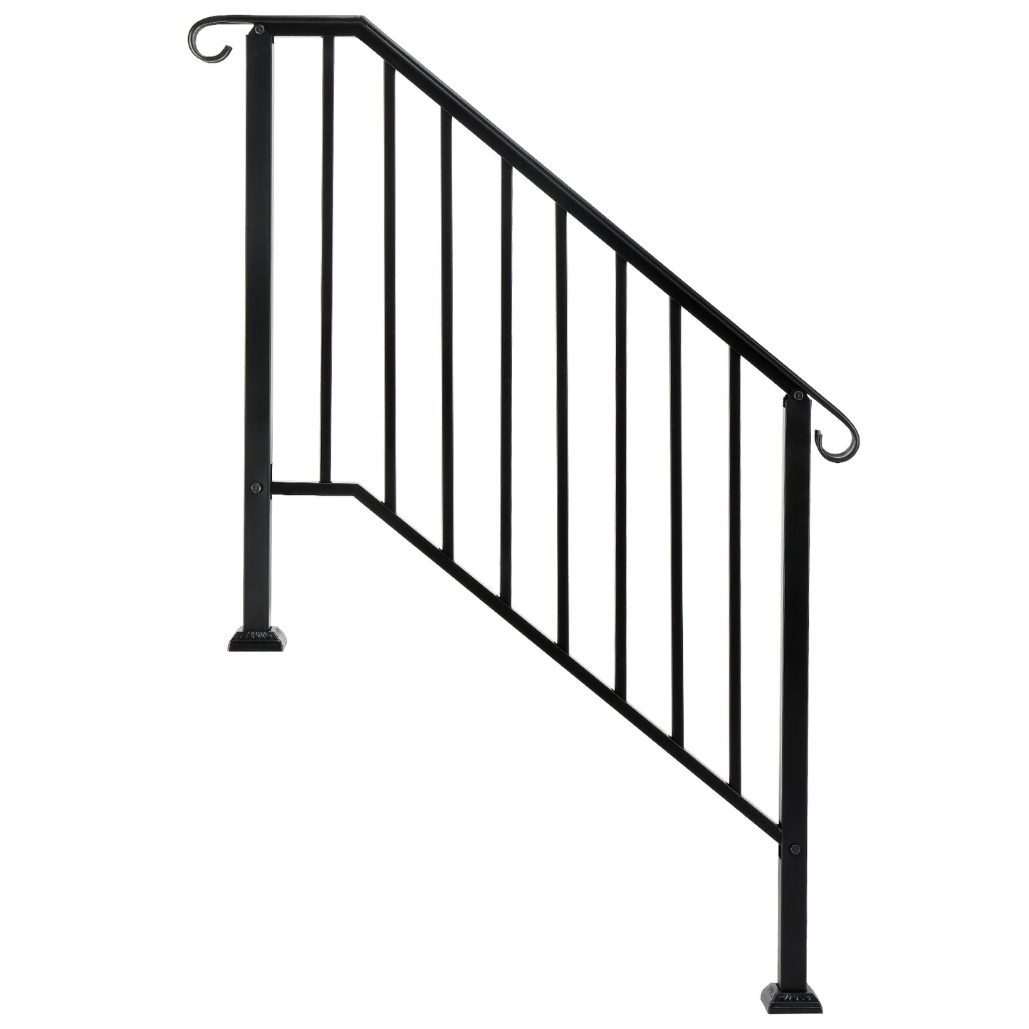 Black Wrought Iron Outdoor Stair Handrail for 3 or 4 Steps - Garden & Patio Railing with Installation Kit