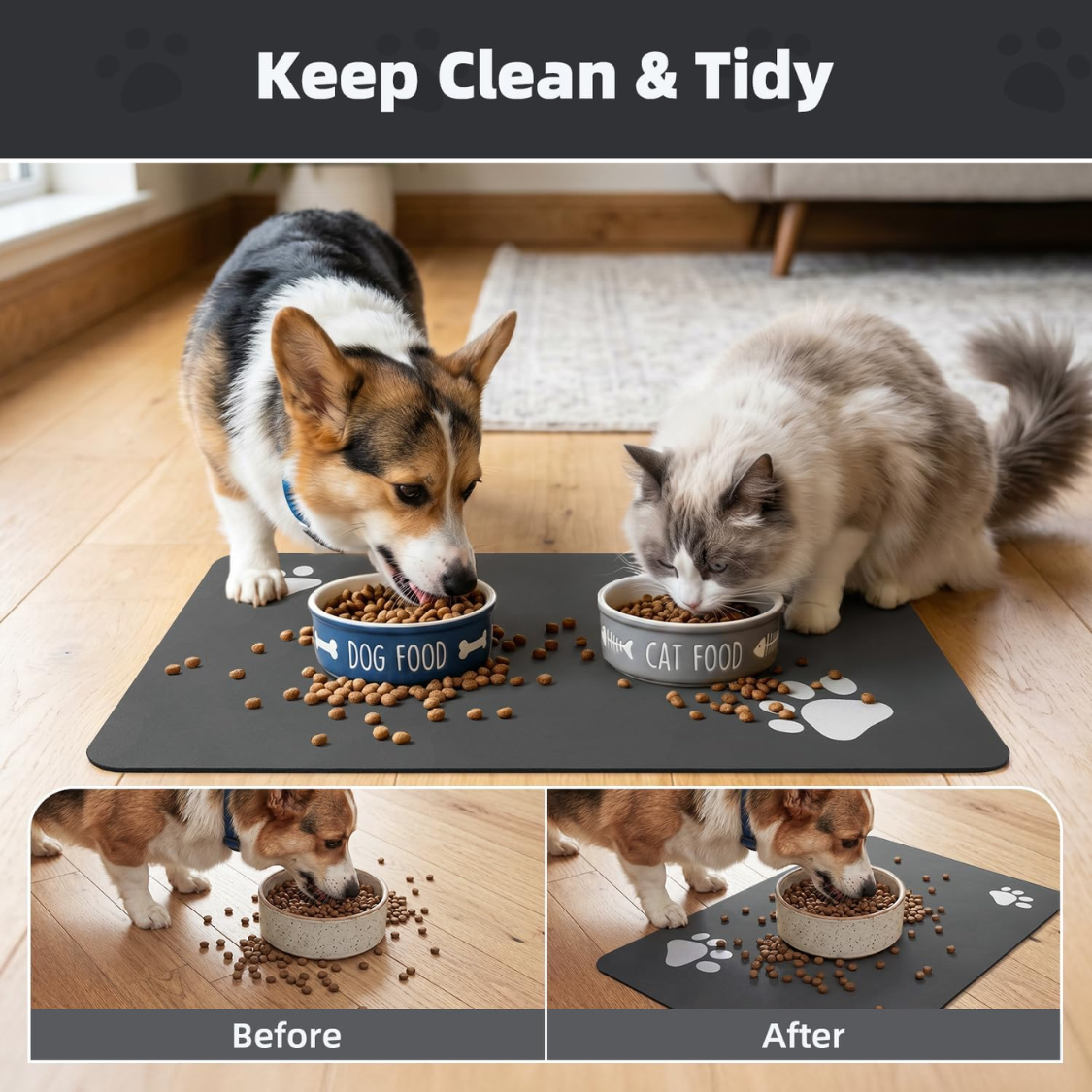Absorbent Pet Feeding Mat for Food and Water Bowls - No Stains, Quick-Dry, Non-Slip