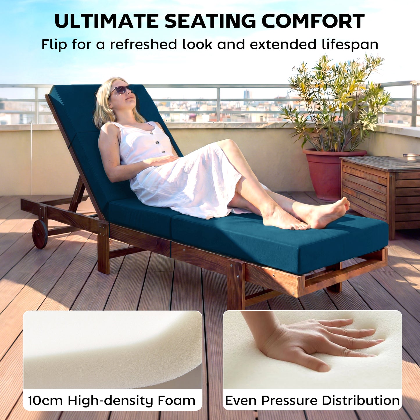 Outdoor Lounge Chair Cushions - Set of 2, 4" Thick, Navy Blue
