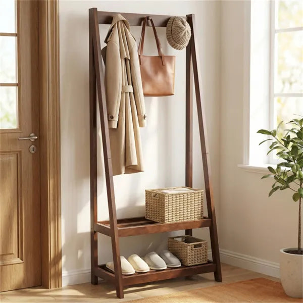 Solid Rubber Wood Freestanding Coat Rack with Shelves & Hooks