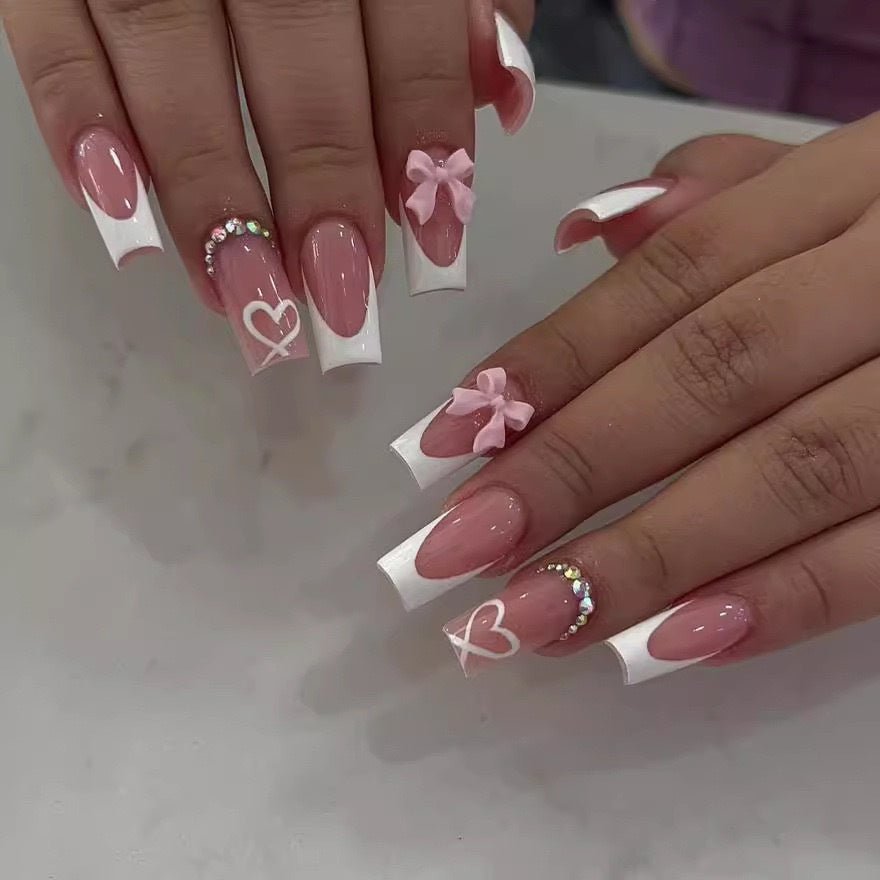 Colorful Nail Sticker Set with Bow & Crystal Designs for Ladies - French Style, 24 Pieces