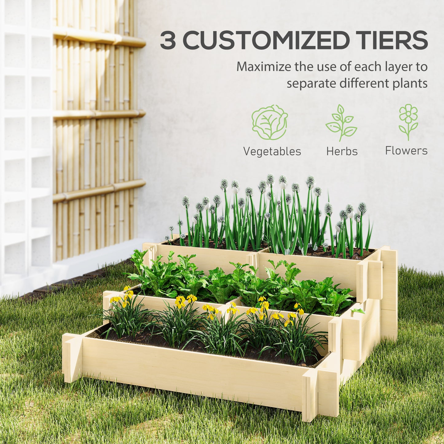 3-Tier Raised Garden Bed with Water Draining Fabric for Vegetables Herbs and Flowers