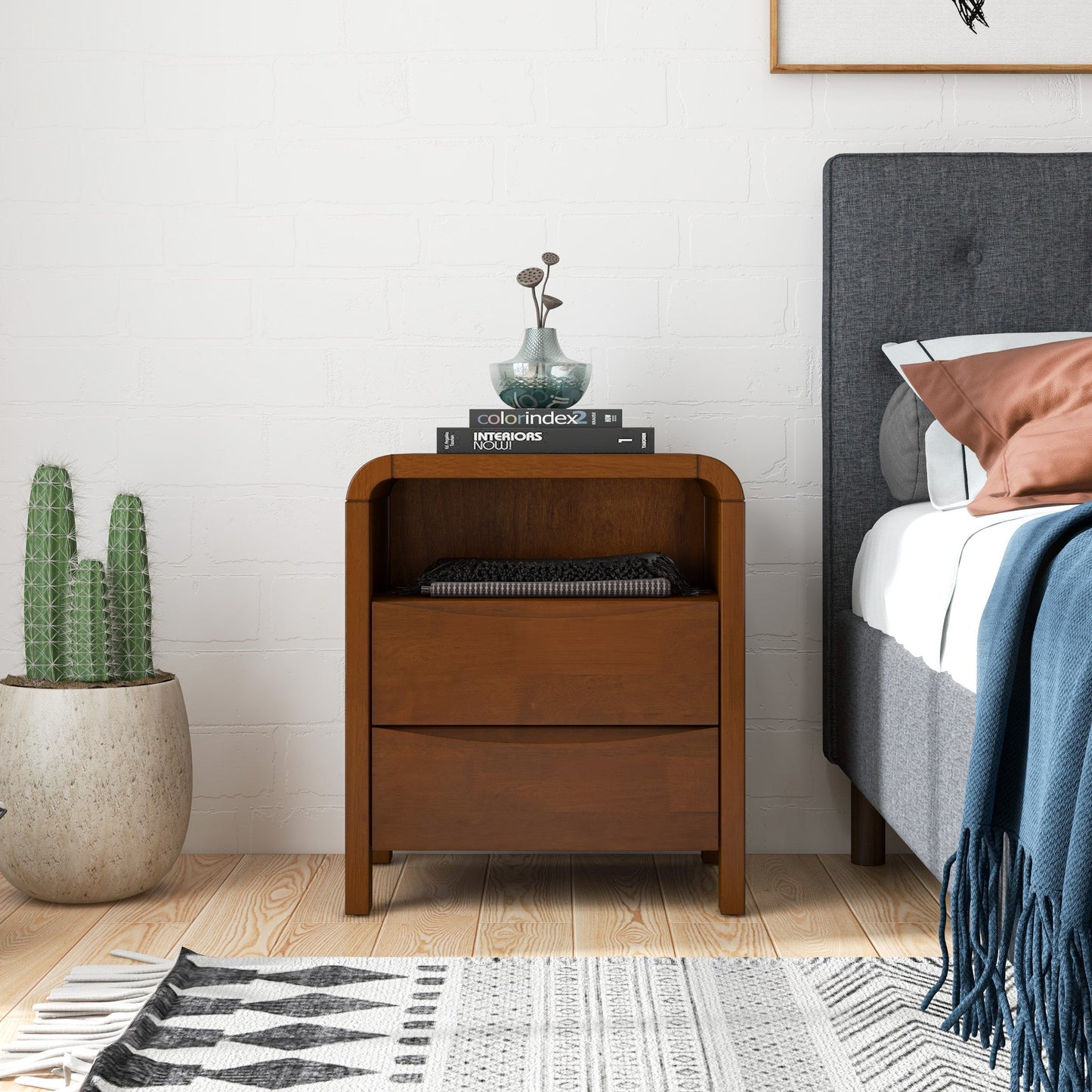 Mid Century Modern Solid Wood Nightstand - 2-Drawer, Brown