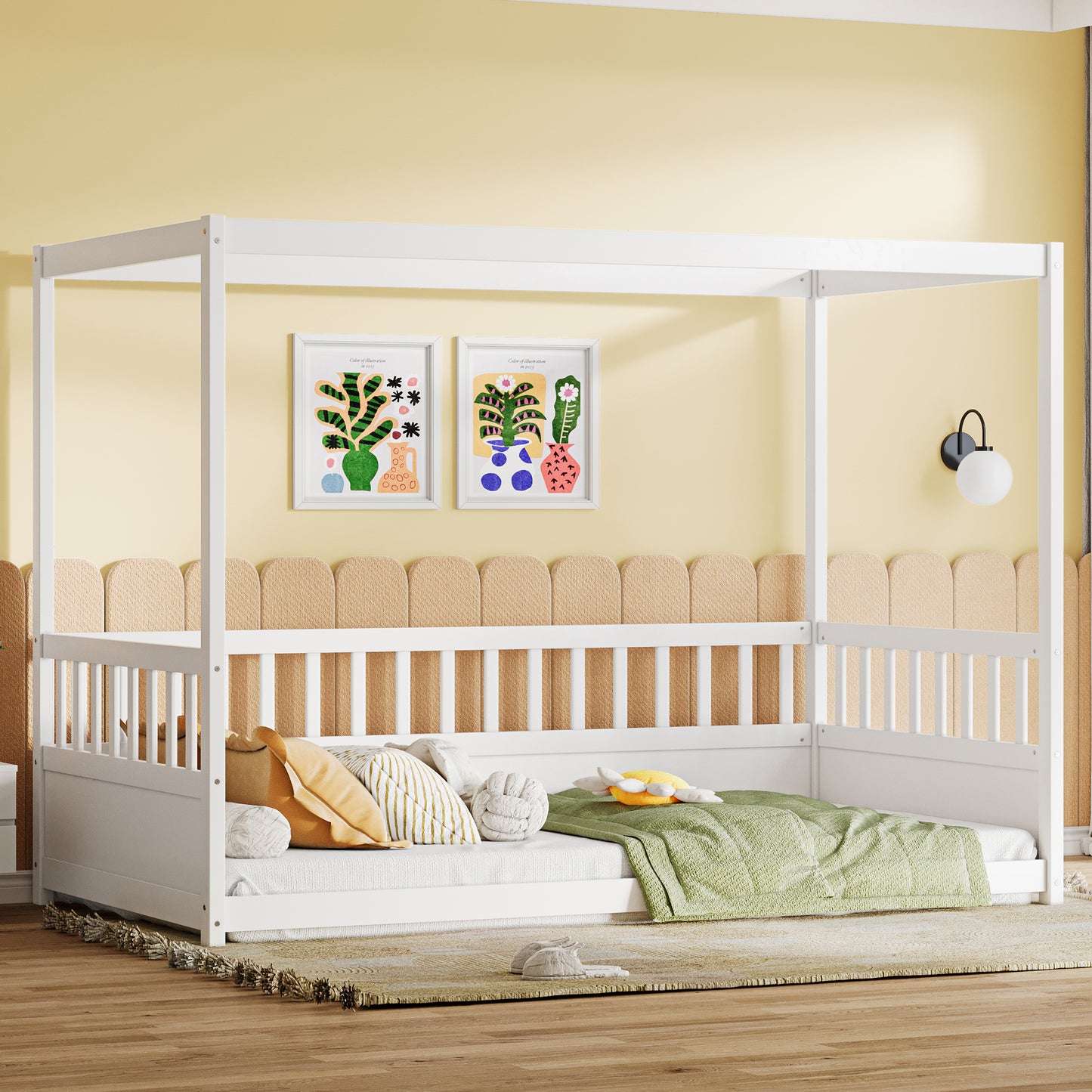 Twin Size Canopy Bed Frame with Guardrails - White