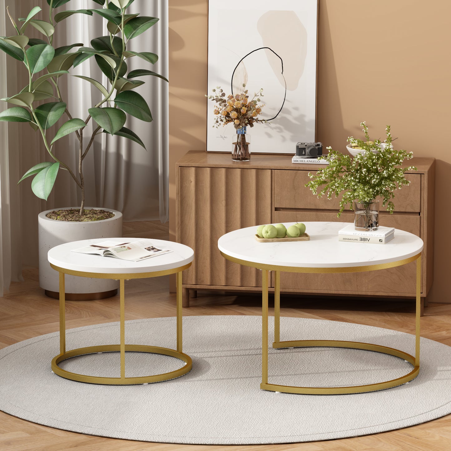 Nesting Coffee Table Set of 2 - Round Wood Marble Pattern - White+Gold