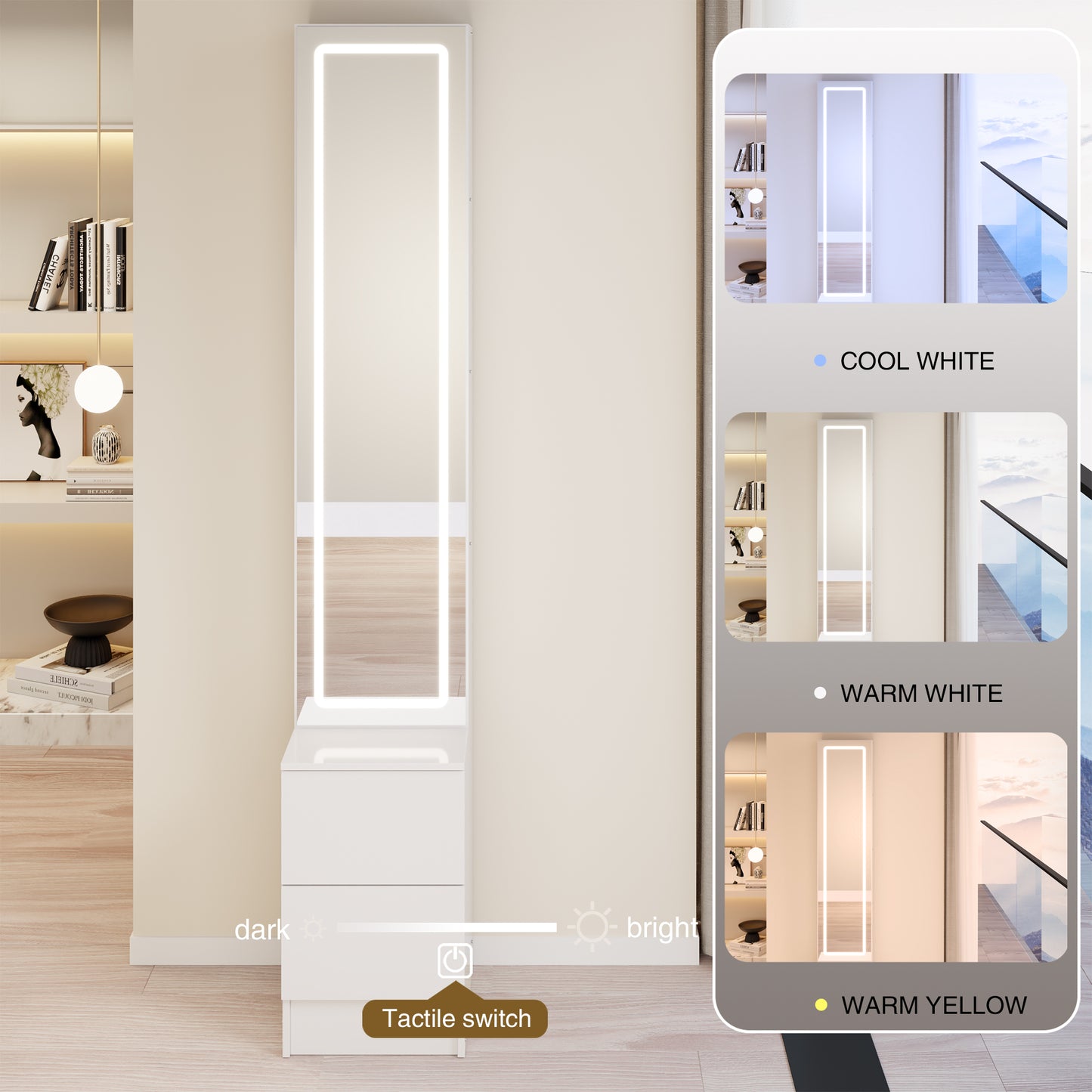 Adjustable LED Dressing Mirror Cabinet - White, Multi-layer Storage