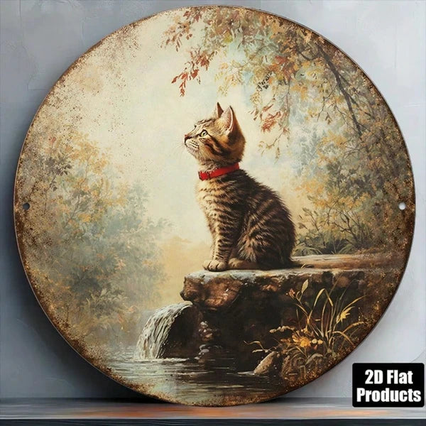 Vintage Tabby Cat Wall Art - Round Metal Plaque 20cm