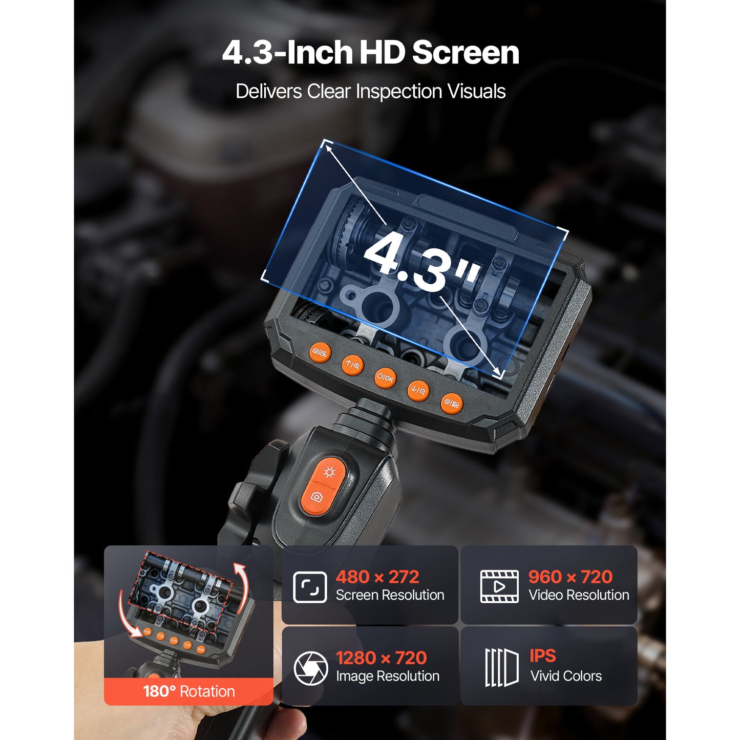 Waterproof Inspection Camera with Articulating Endoscope, 4.3-Inch Screen, 8X Zoom, 4.9FT Cable for Auto & Mechanical Inspection