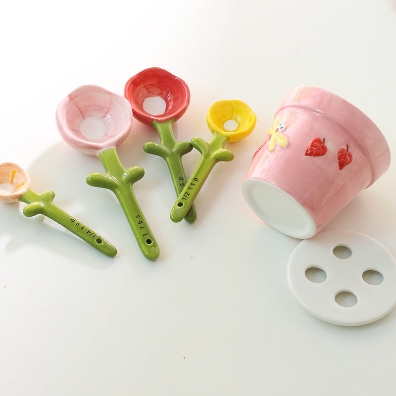 Ceramic Flower Spoon Set with Blue and Pink Bases - Modern Kitchen Utensils