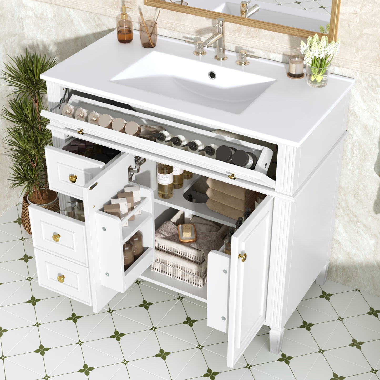 36 Inch Bathroom Vanity with Sink - White Solid Wood Cabinet