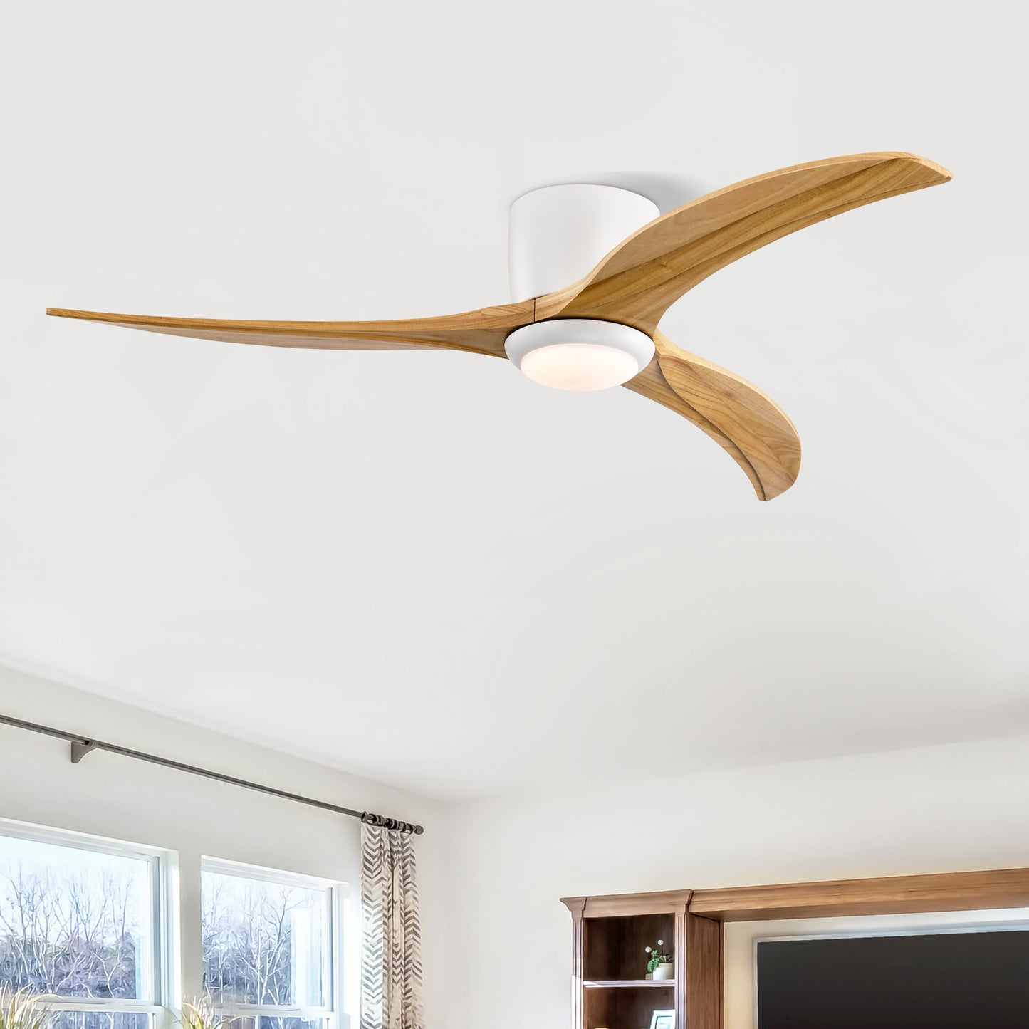 52" Solid Wood Ceiling Fan with Light & Remote Control - Matte White Natural