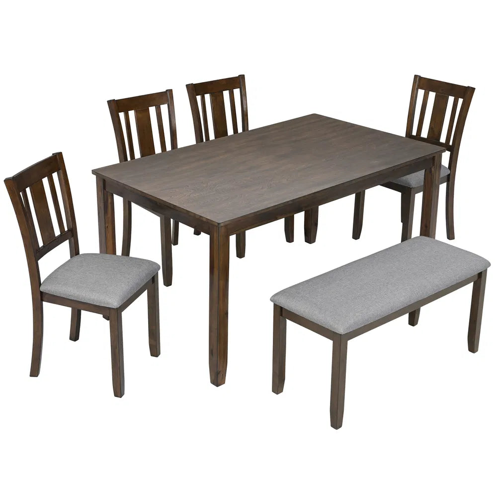 6-Piece Wooden Dining Table Set with Upholstered Chairs & Bench