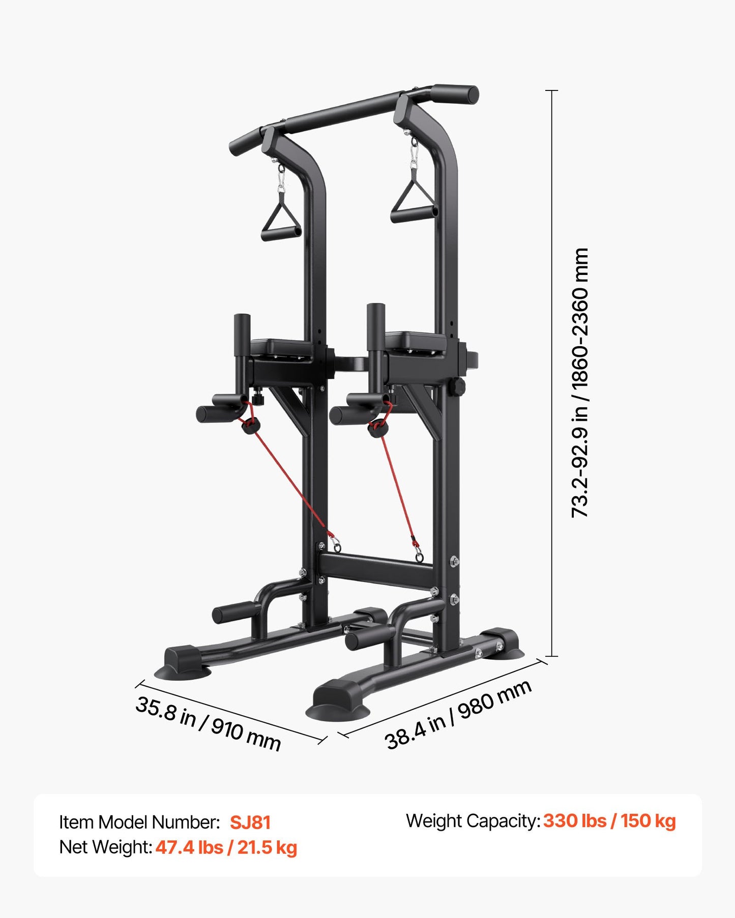 Power Tower Pull Up Bar for Home Gym - 330 LBS Weight Capacity, Adjustable Height, Stable H-Shaped Base