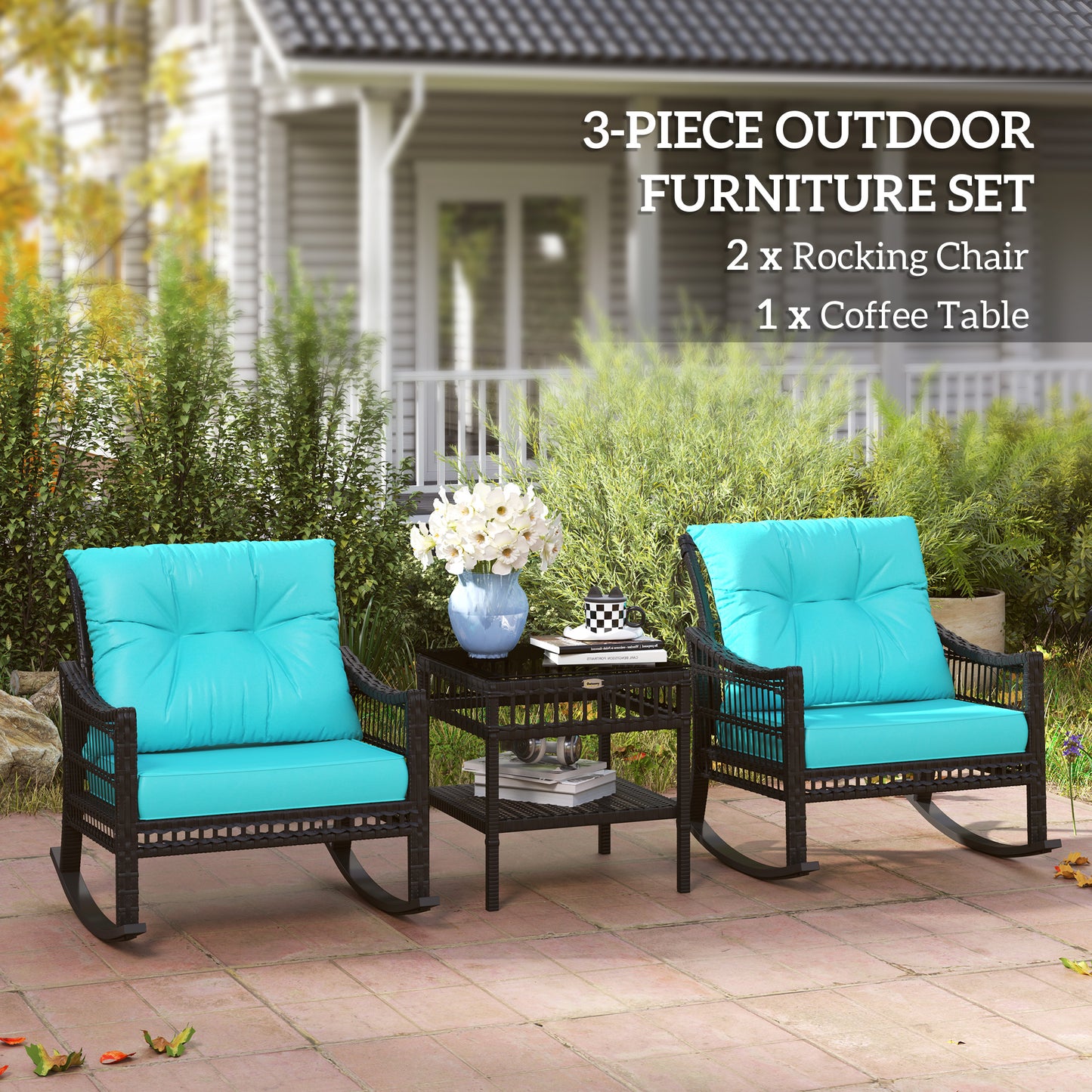 3-Piece Outdoor Rattan Rocking Chair Set with Glass Table - Turquoise