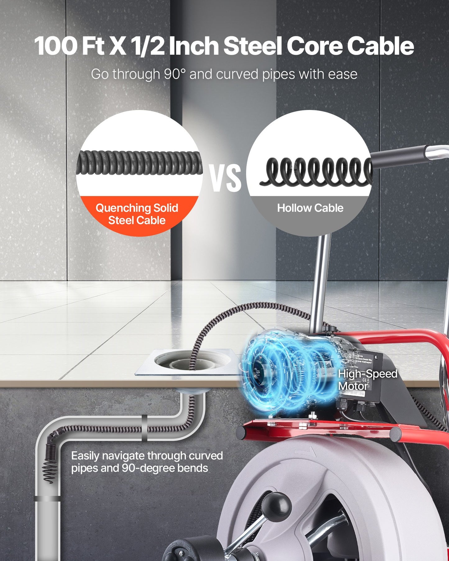 Portable Drain Cleaner Machine 100 FT x 1/2 Inch Sewer Snake with Auto Feed & 8 Cutters