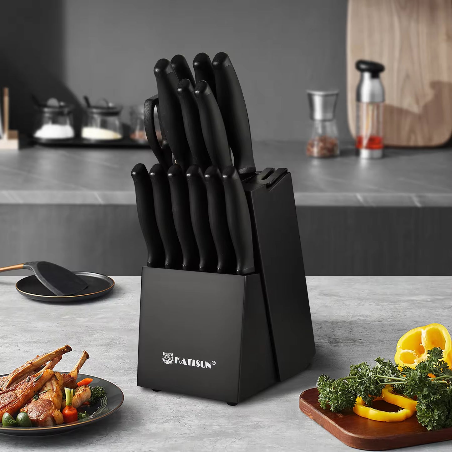 15-Piece Carbon Steel Kitchen Knife Set with Ergonomic Handles