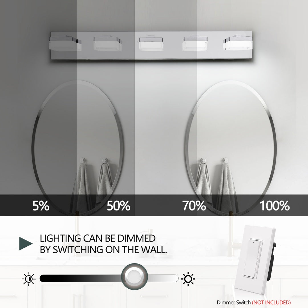 Modern Chrome LED Vanity Light - 5-Light Wall Sconce for Bathroom