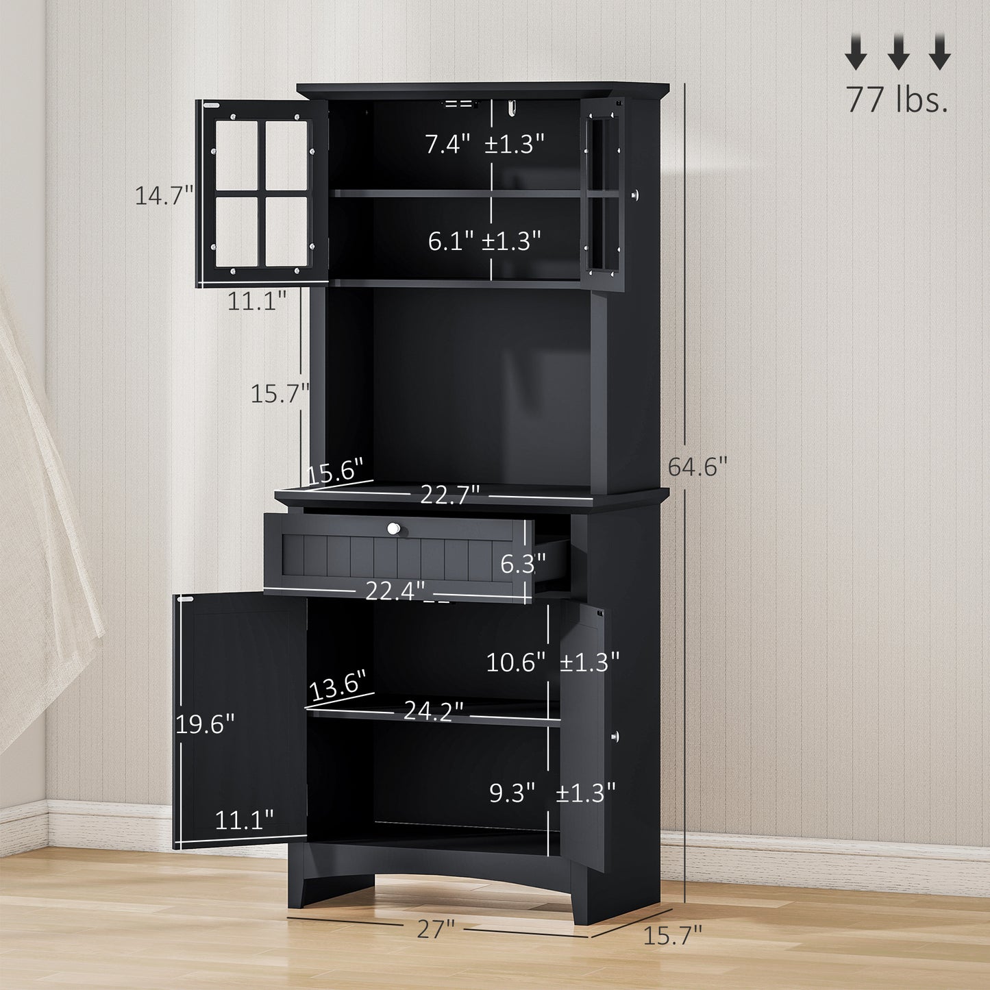Elegant Kitchen Pantry Storage Cabinet with Hutch - Black