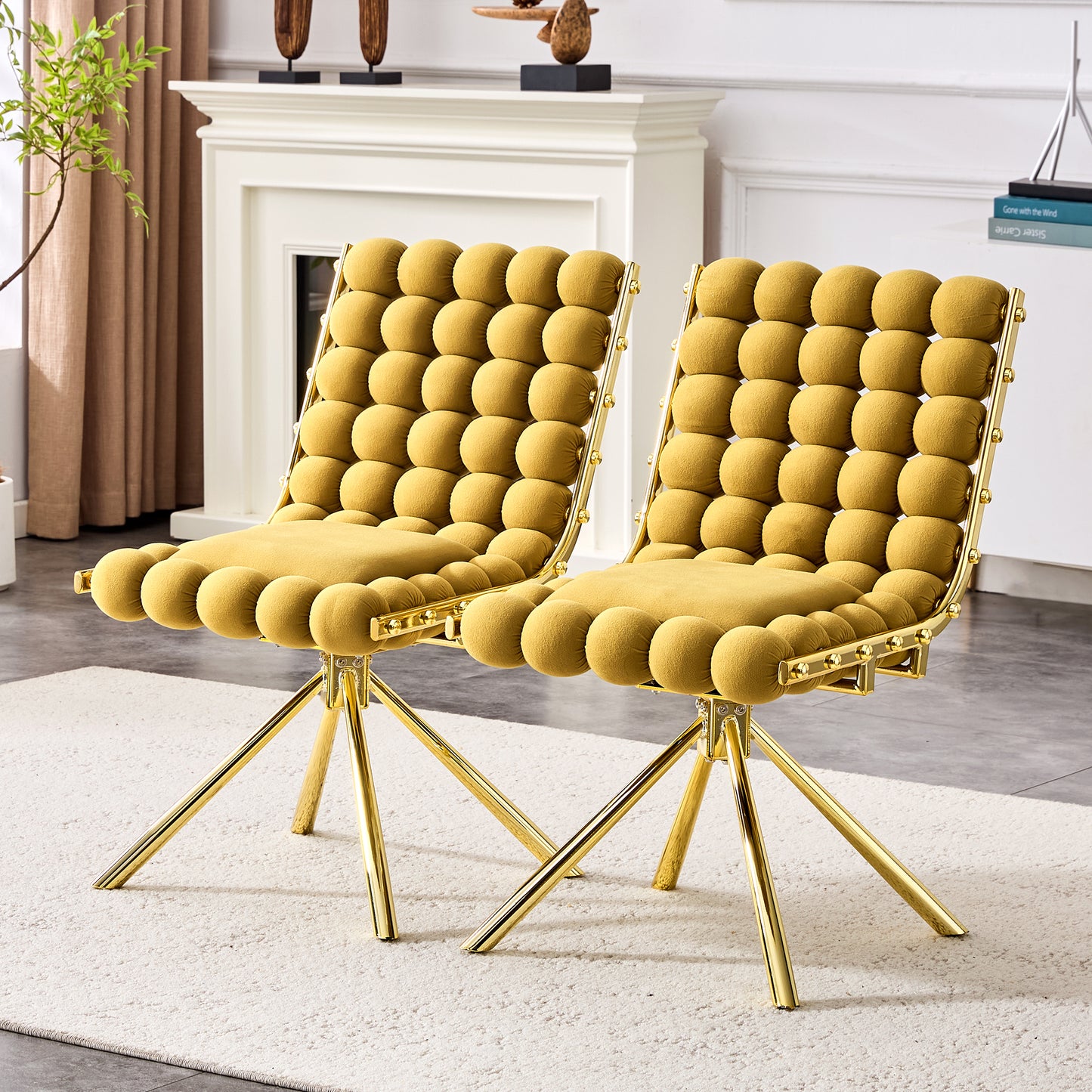 Set of 2 Yellow Velvet Bubble Dining Chairs with Gold Legs
