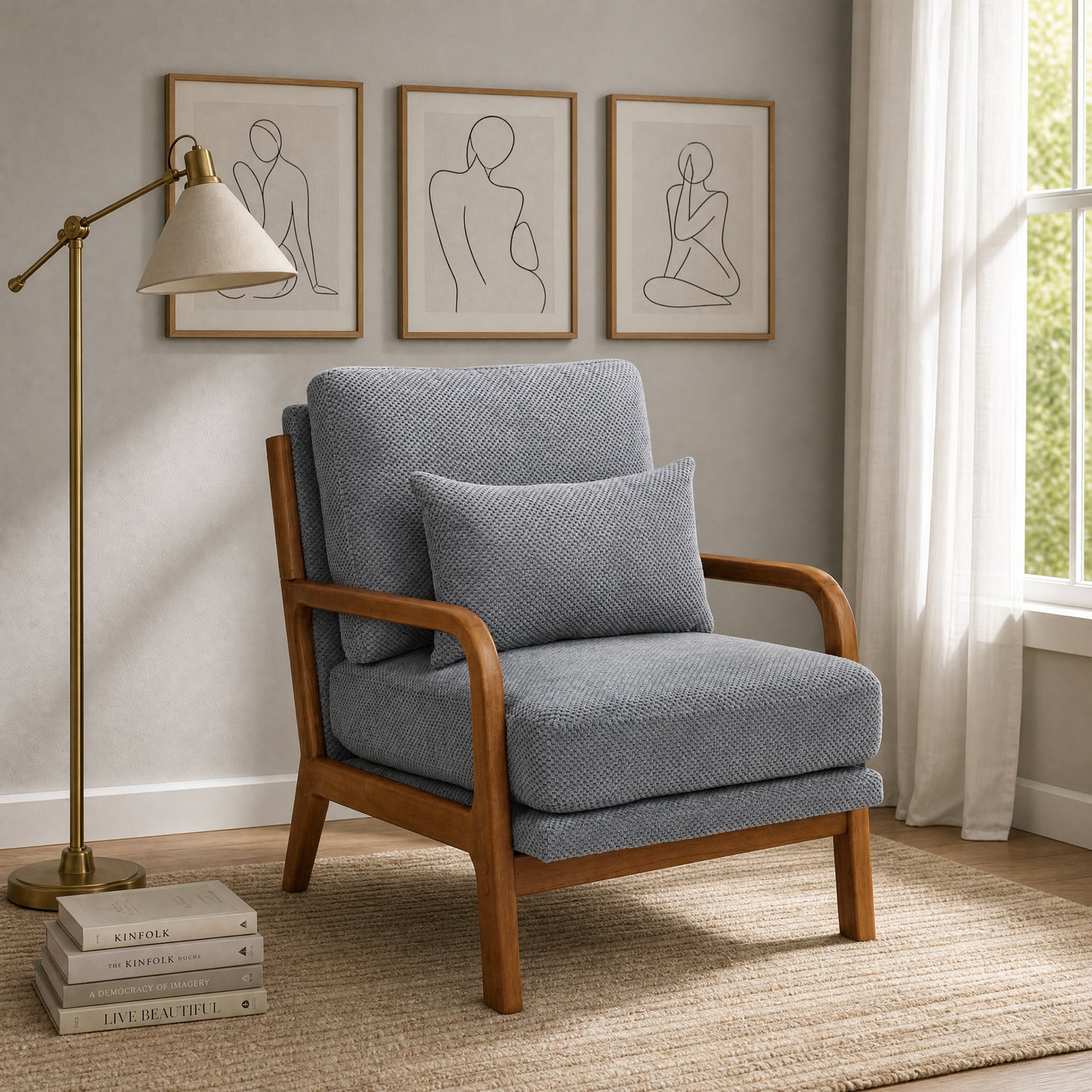 Mid-Century Modern Wooden Lounge Chair - Light Gray Upholstery