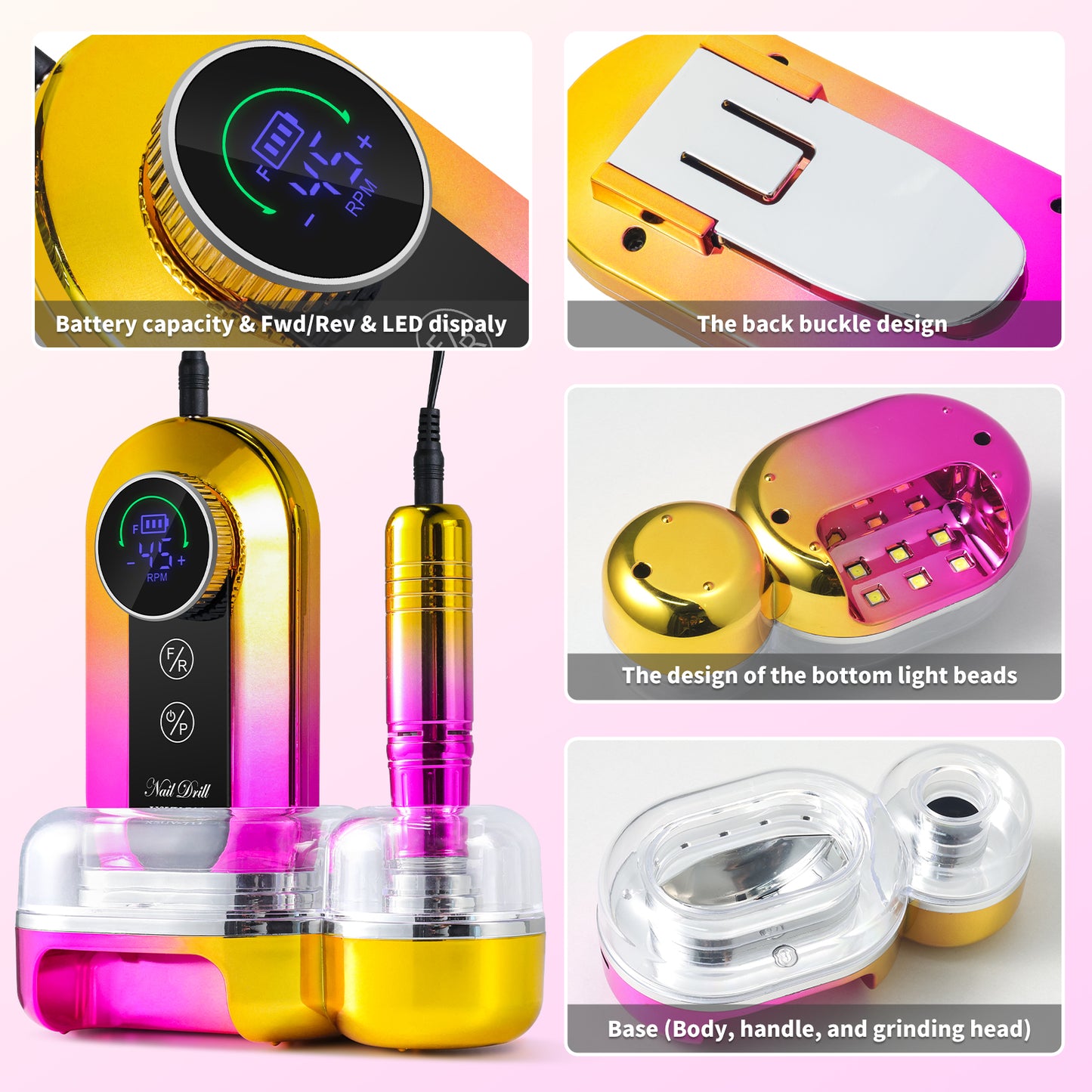 Professional 45000RPM Electric Nail Drill Kit - Portable Cordless File - Yellow
