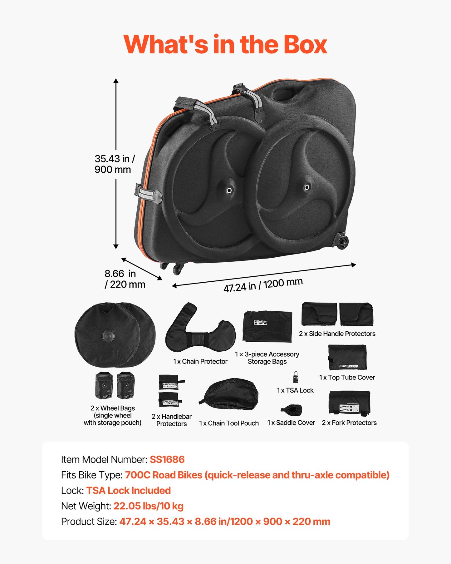 Bike Travel Case Hard Shell Bicycle Bag with TSA Lock & Wheels - Black