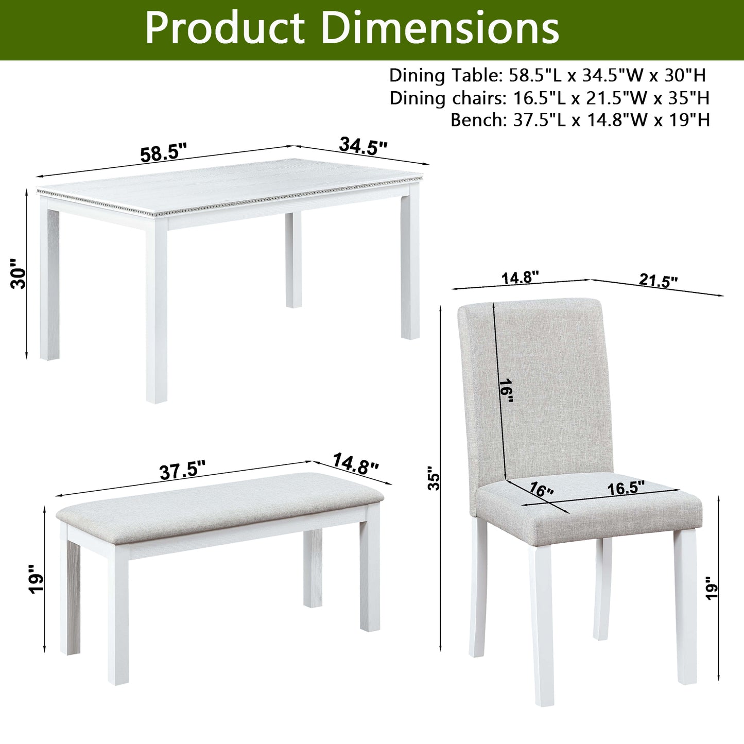 6-Piece Wooden Dining Table Set with 4 Chairs & Bench - White