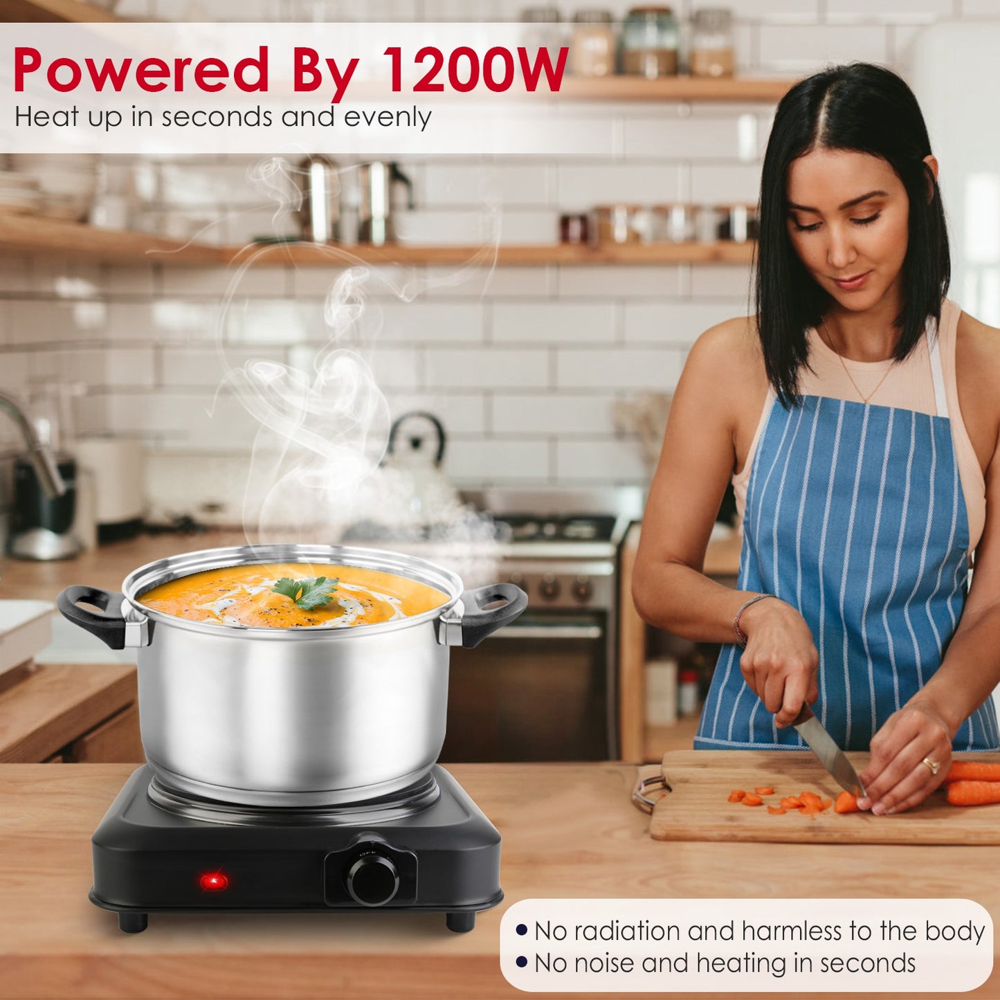 Portable Infrared Single Burner Hot Plate with 7.5in Glass Cooktop 1200W Stepless Temp Control
