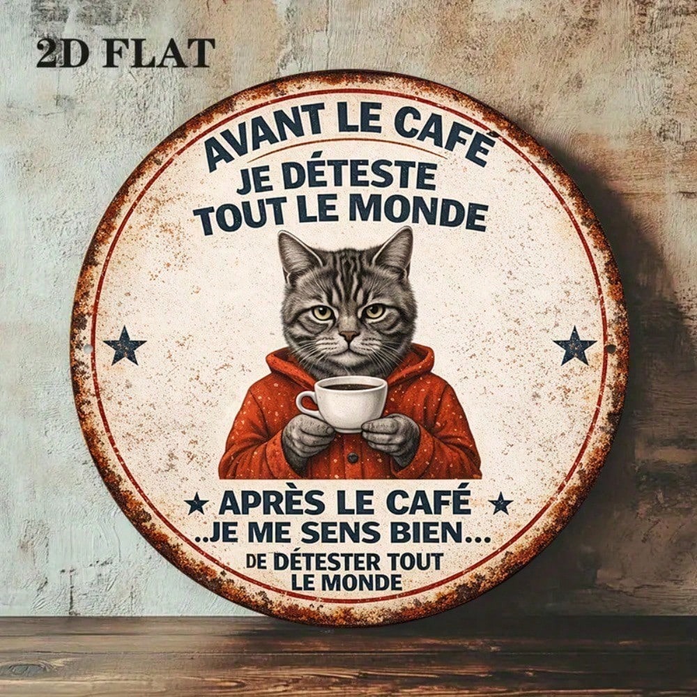Vintage French Lover Cat Round Metal Wall Sign - 8x8in