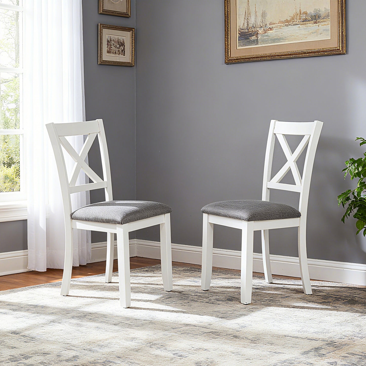 Wooden Dining Chairs Set of 4 with Padded Seats - Grey & White