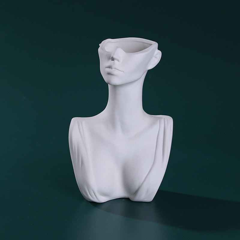 White Ceramic Face Vase - Decorative Floral Ornament for Home
