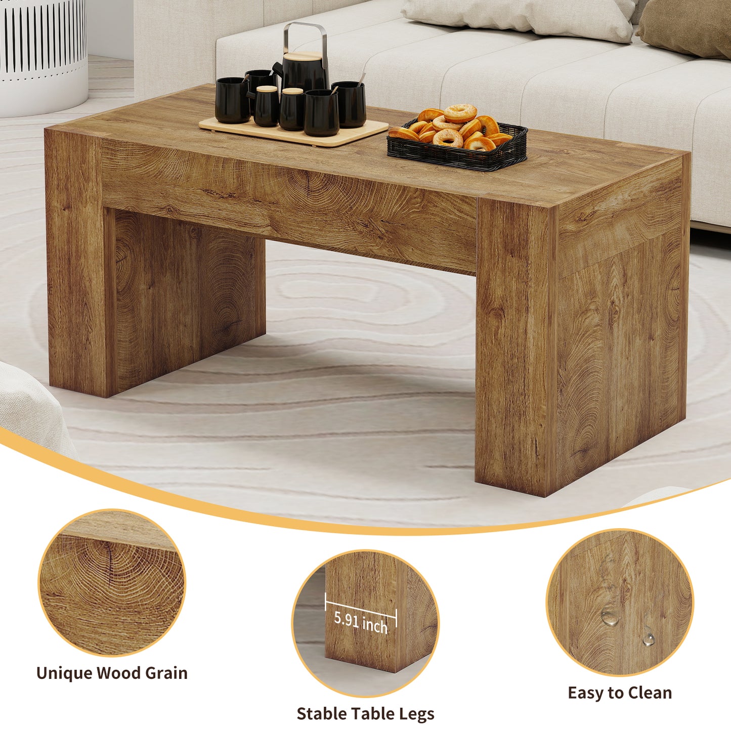 48 Farmhouse Coffee Table, Rectangle Wooden Center Table With Hidden