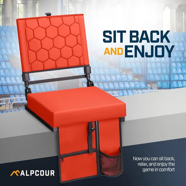 Folding Reclining Stadium Seat with Back Support - Red 17" Wide