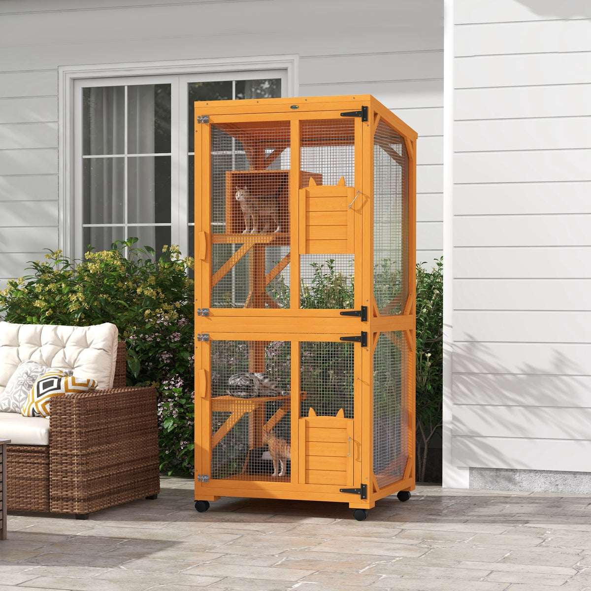 Large Wooden Cat House with Wheels - Enclosure for 1-3 Cats, Orange