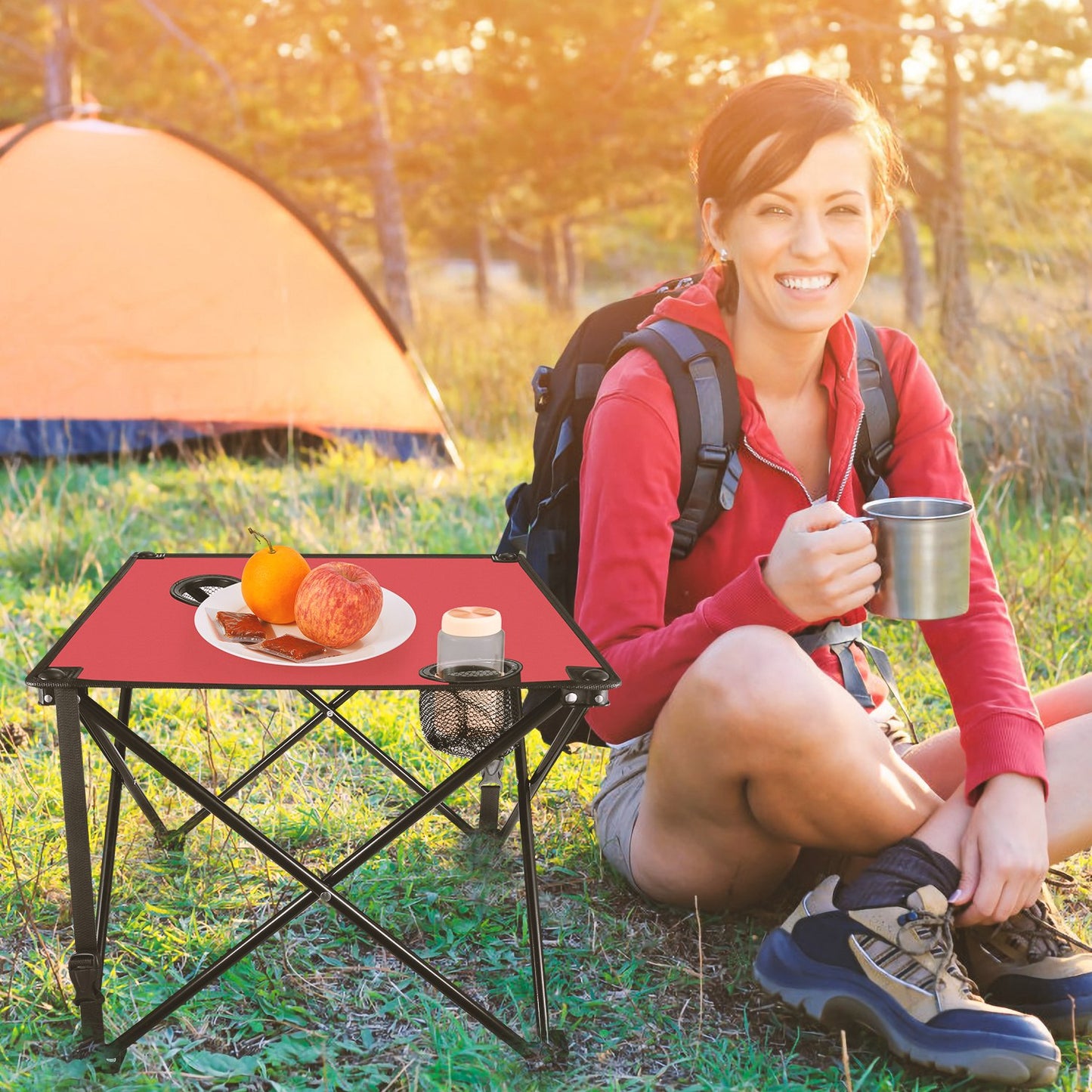Portable Folding Camping Table with Cup Holders - Multiple Colors & Sets