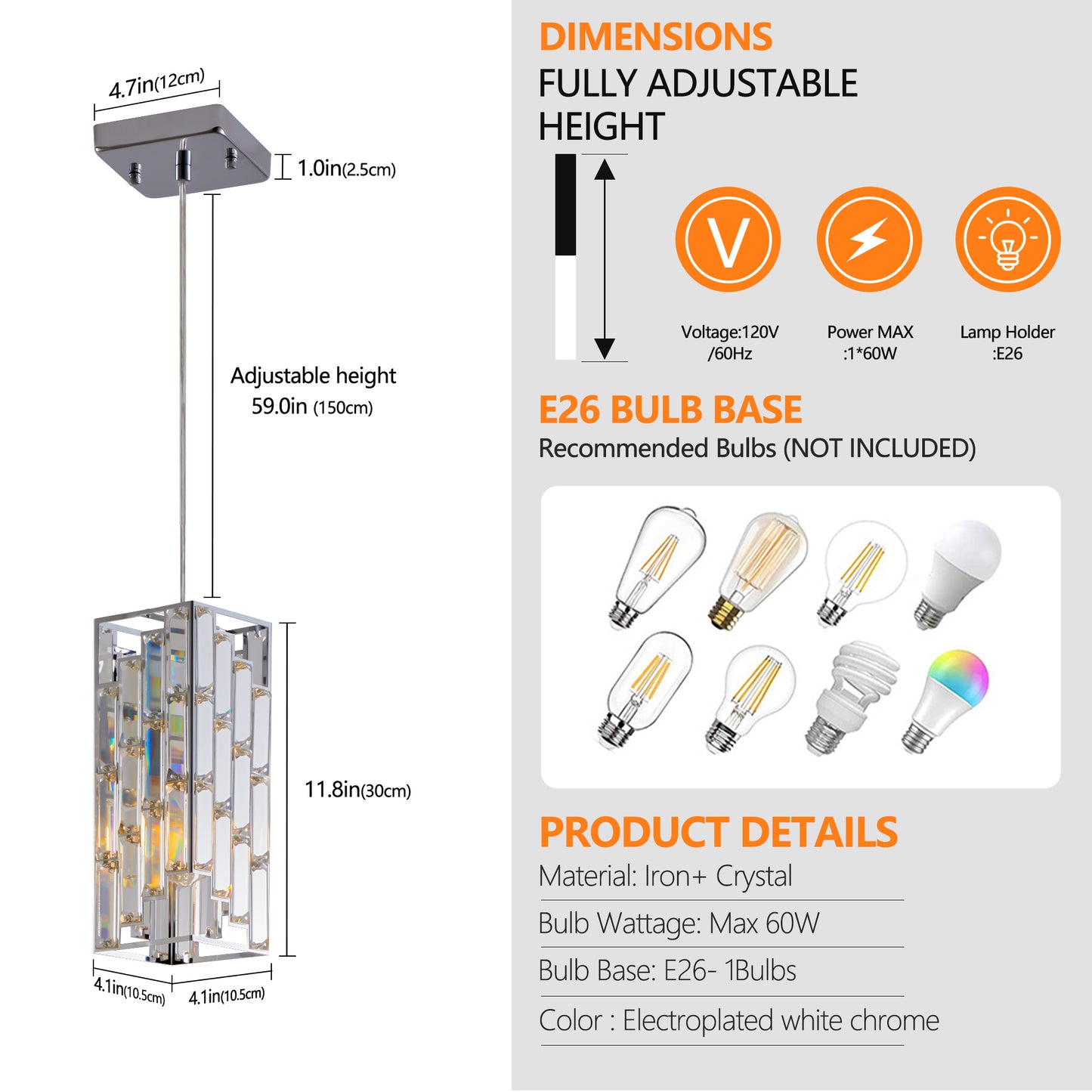 Modern Crystal Pendant Light - 3 Pack Adjustable Ceiling Lamp